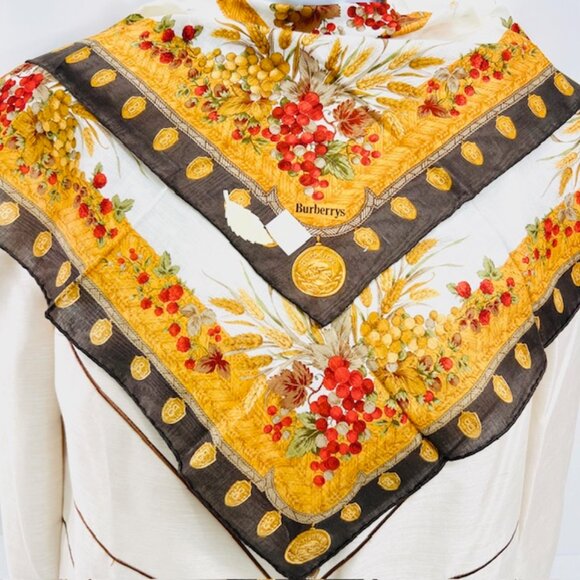 New Tag Burberry Miniscarf/handker 19.5" Cotton/Silk Ivery Gold Red Fruit(13 - Picture 2 of 8